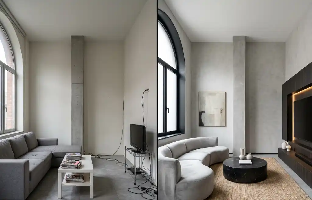 2. The Media Wall Evolution: A "Before & After" Tech Cleanup - Bespoke interior design: A Before & After reveal showing how natural jute and bouclé fabrics redefine comfort.