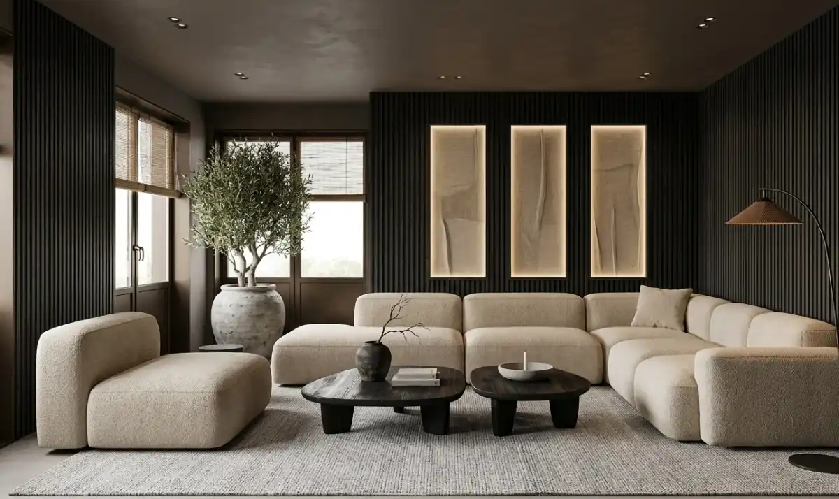  Modern Living Room Idea: The Japandi Linear Composition -  Modern Living Room Idea: The Dark-Tone Japandi Fusion