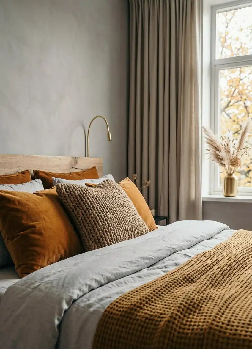39+ Inspiring Bedroom Ideas: Where Rustic Simplicity Meets Dark Palace Elegance. - A professional close-up, shallow depth-of-field interior shot focusing on the rich textures of a cozy bed arrangement
