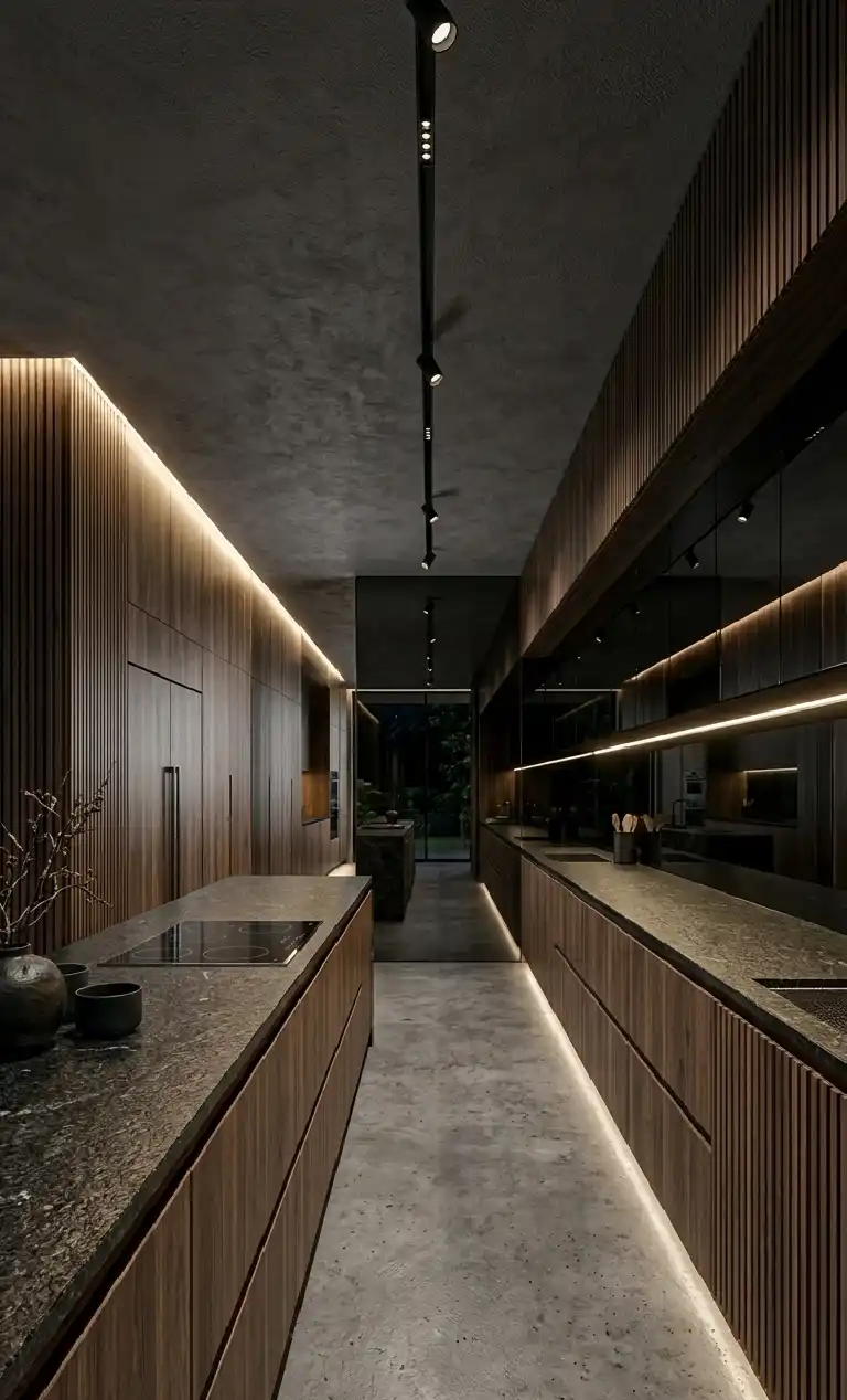 +30 Luxury Modern Kitchen Ideas: Redefining Industrial Noir and Japandi Minimalism -  Luxury Modern Kitchen Idea: High-Gloss and Wood Slat Fusion