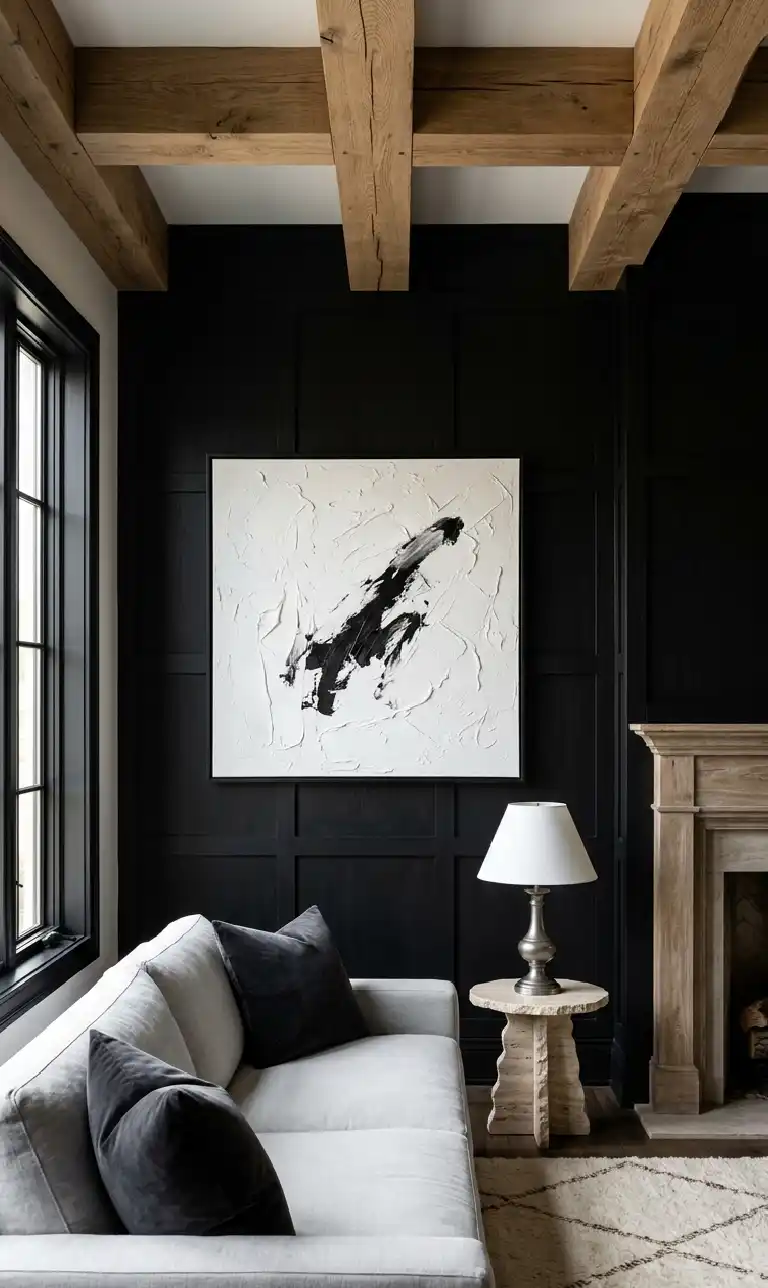 24 Moody Living Room Ideas That Redefine Dark Elegance with Bright Accents - A high-contrast, moody living room featuring a focal accent wall in matte obsidian-black wood paneling with subtle recessed grid detailing