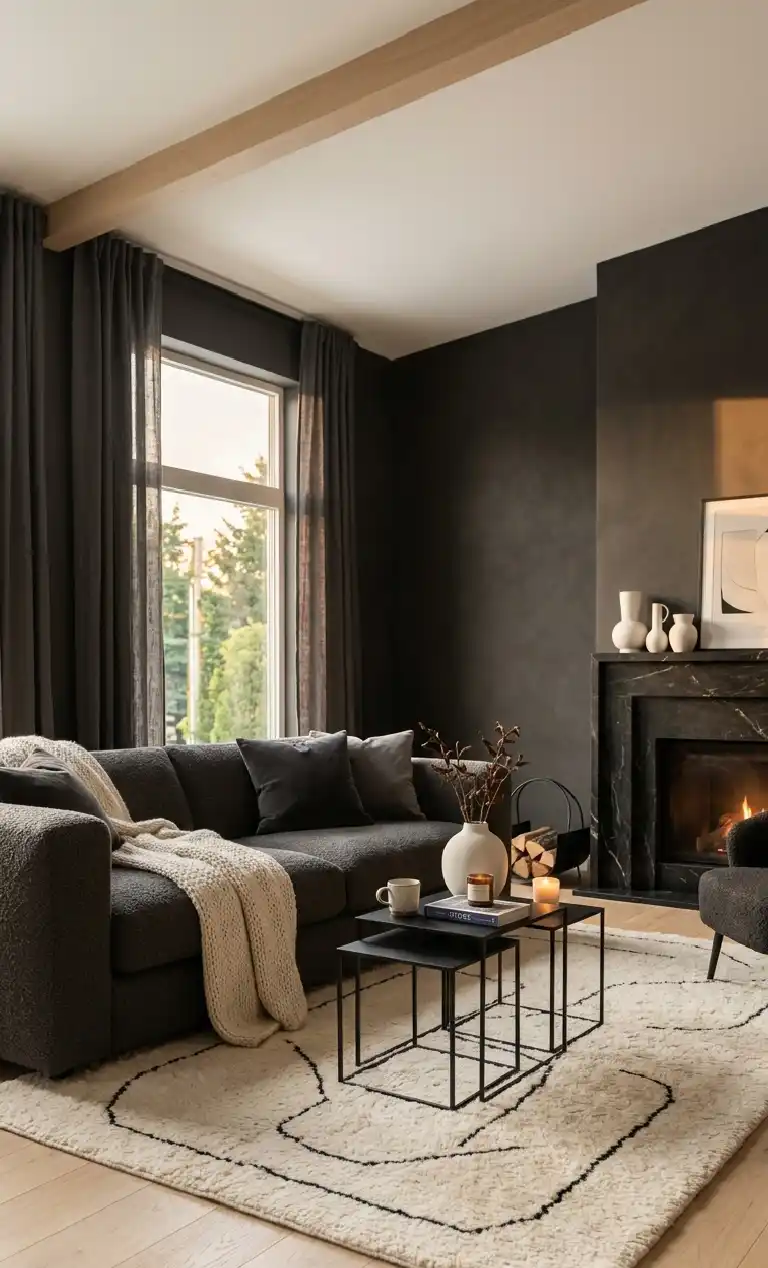 Obsidian Dreams: 22 Black Living Room Ideas to Transform Your Space 2026 - The "Soft Black" Scandinavian Lounge living roon