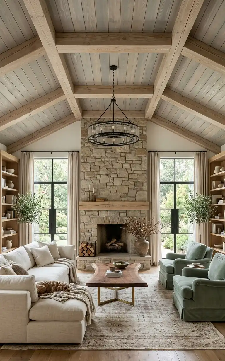26 Luxury Farmhouse Living Rooms: A Masterclass in Inspiration, Rustic Elegance, and Architectural Grandeur 2026 - A relaxed, refined wide-angle photograph of a natural Luxury Farmhouse living room,