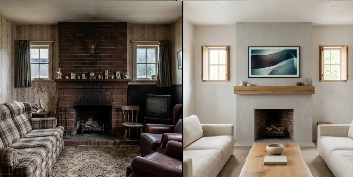 21 Radical "Before & After" Living Room Metamorphoses from Basic to Bespoke Japandi Luxury - From cluttered to calm. A stunning Before & After living room transformation featuring lime-wash walls and oak slats.