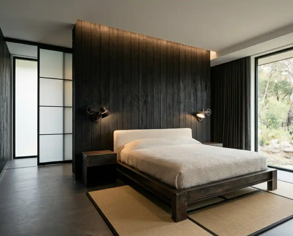The Art of Japandi: 15  Inspiring Bedroom Designs for a Serene Sanctuary - 3. Oxidized Steel and Shou Sugi Ban Japandi Bedroom Idea  Technical Description: A high-contrast material palette defines this luxury bedroom, utilizing the ancient Japanese technique of Shou Sugi Ban (charred wood) for the primary wall cladding. The deep carbonized texture of the wood provides a rich, light-absorbing backdrop for the furniture. The bed frame is constructed from cold-rolled oxidized steel with visible weld points, celebrating the industrial manufacturing process.