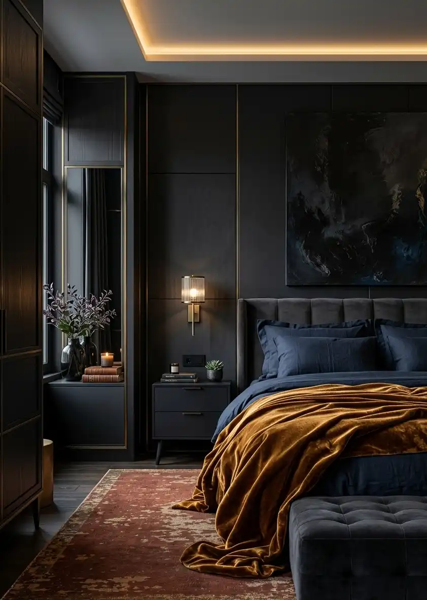 +20 Masterpieces of Shadow: The Ultimate Guide to Dark Moody Bedroom Design - This space pairs deep, dark tones with a striking amber velvet throw to create a luxurious dark moody bedroom idea that feels both modern and cozy.