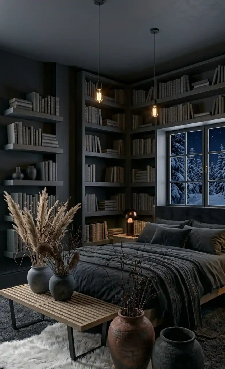 +20 Masterpieces of Shadow: The Ultimate Guide to Dark Moody Bedroom Design -  Even with dark walls, this dark moody bedroom idea feels airy and clean, staying true to Scandinavian design principles.