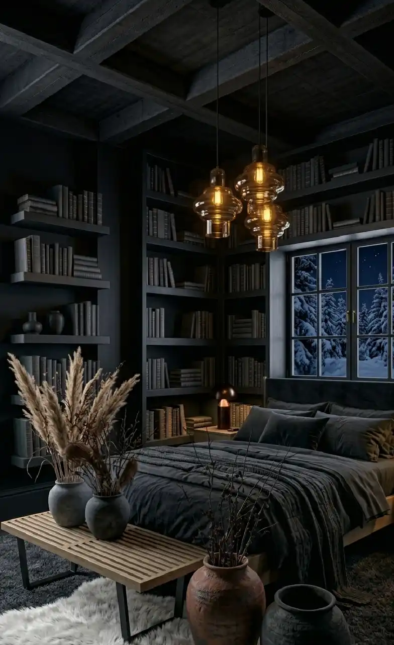 +20 Masterpieces of Shadow: The Ultimate Guide to Dark Moody Bedroom Design - : Making art the focal point, this dark moody bedroom idea uses clever lighting to create a dramatic, gallery-inspired sleep space