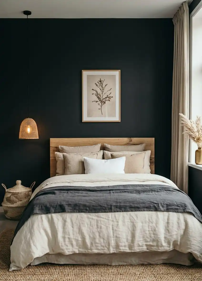 39+ Inspiring Bedroom Ideas: Where Rustic Simplicity Meets Dark Palace Elegance. - A serene and balanced interior photography of a bedroom featuring a striking contrast between dark walls and light bedding