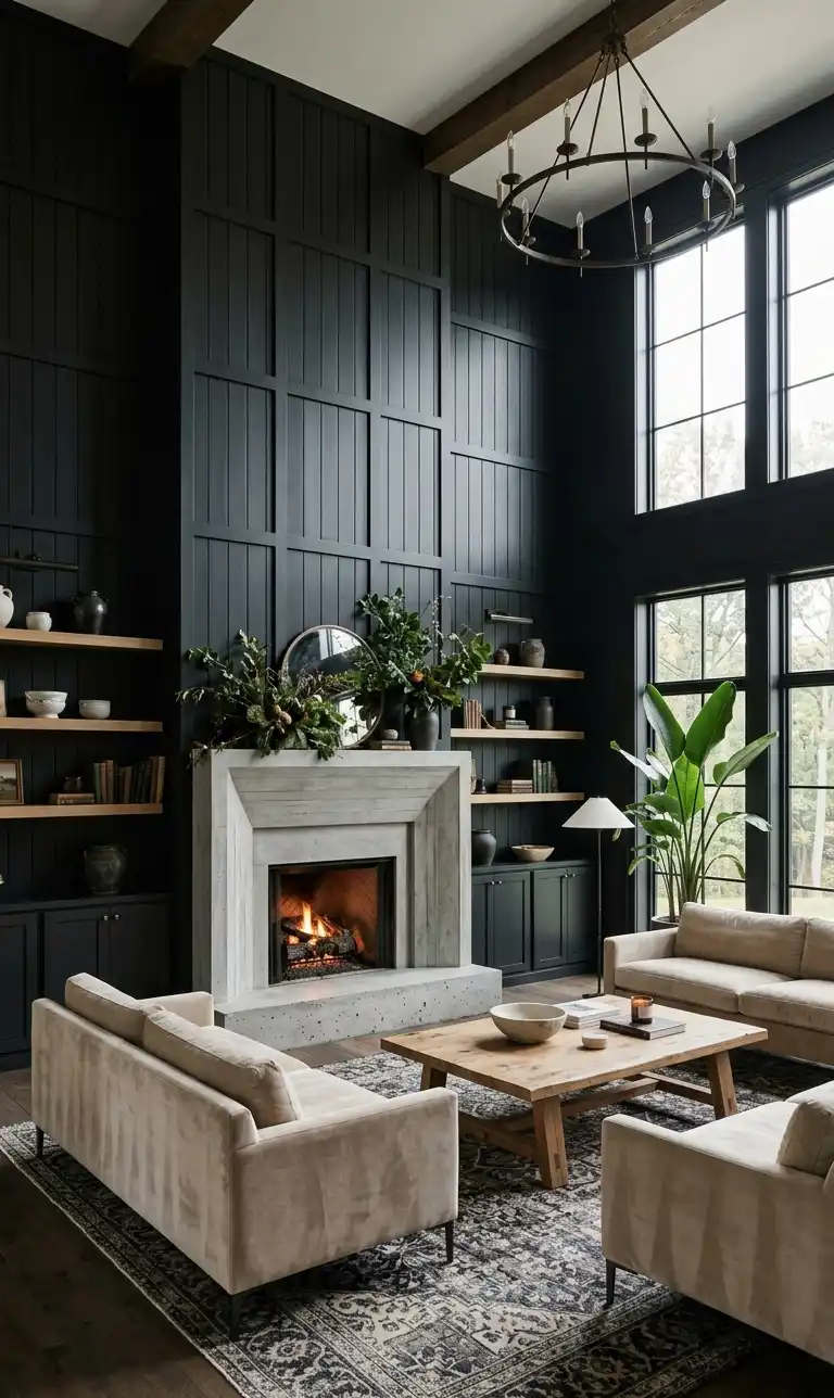 24 Moody Living Room Ideas That Redefine Dark Elegance with Bright Accents - A majestic, moody high-ceilinged great room defined by towering accent walls featuring deep charcoal-black vertical wood paneling in a structured grid pattern.