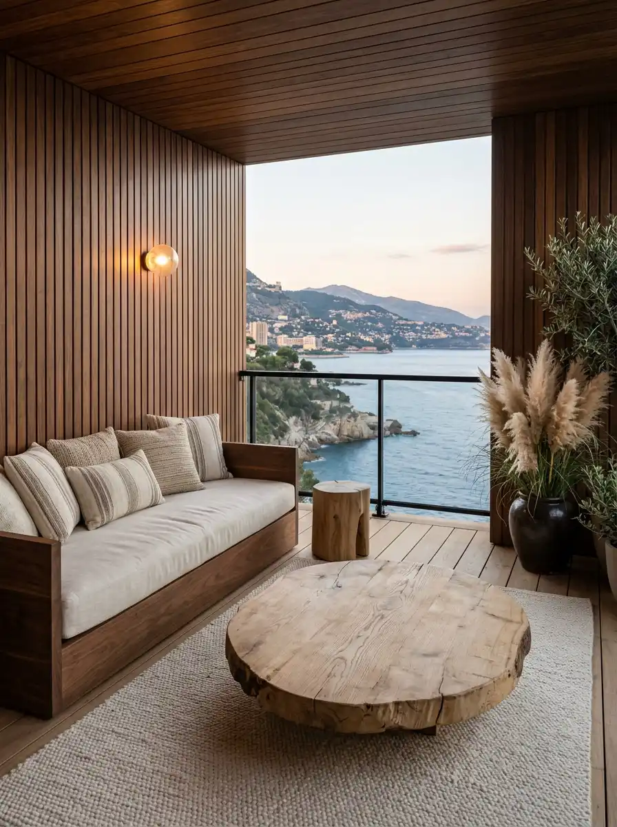 Luxury Modern Balcony Idea: The Parisian Chic Terrace - Luxury Modern Balcony Idea: The Monochromatic Wood Sanctuary