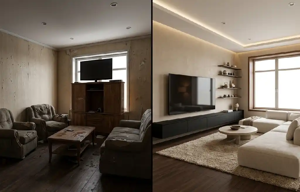 3. Low-Profile Luxury: "Before & After" Spatial Scaling - Before: Messy cables and dated units. After: A sleek, minimalist Japandi media wall with hidden tech integration.