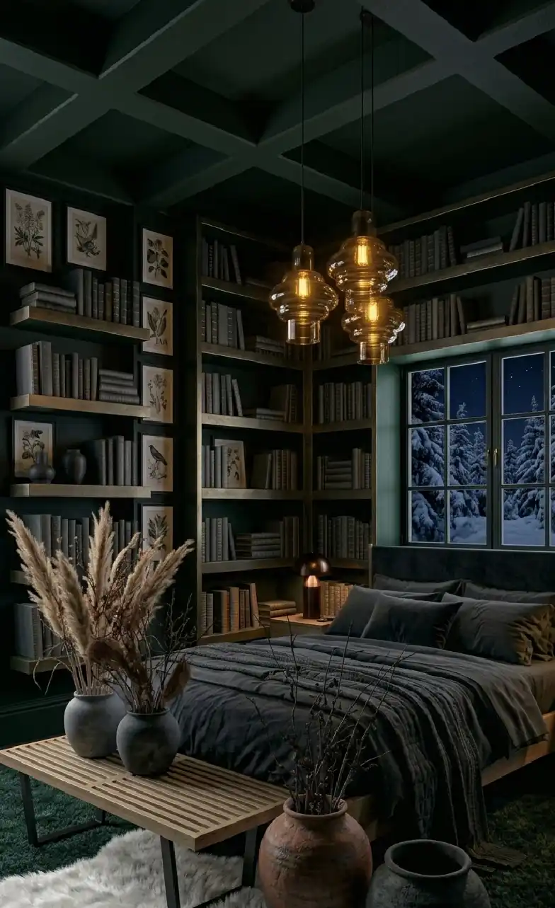 +20 Masterpieces of Shadow: The Ultimate Guide to Dark Moody Bedroom Design -  A subtle hint of green adds a natural depth to this dark moody bedroom idea, making it feel like a hidden woodland sanctuary. 