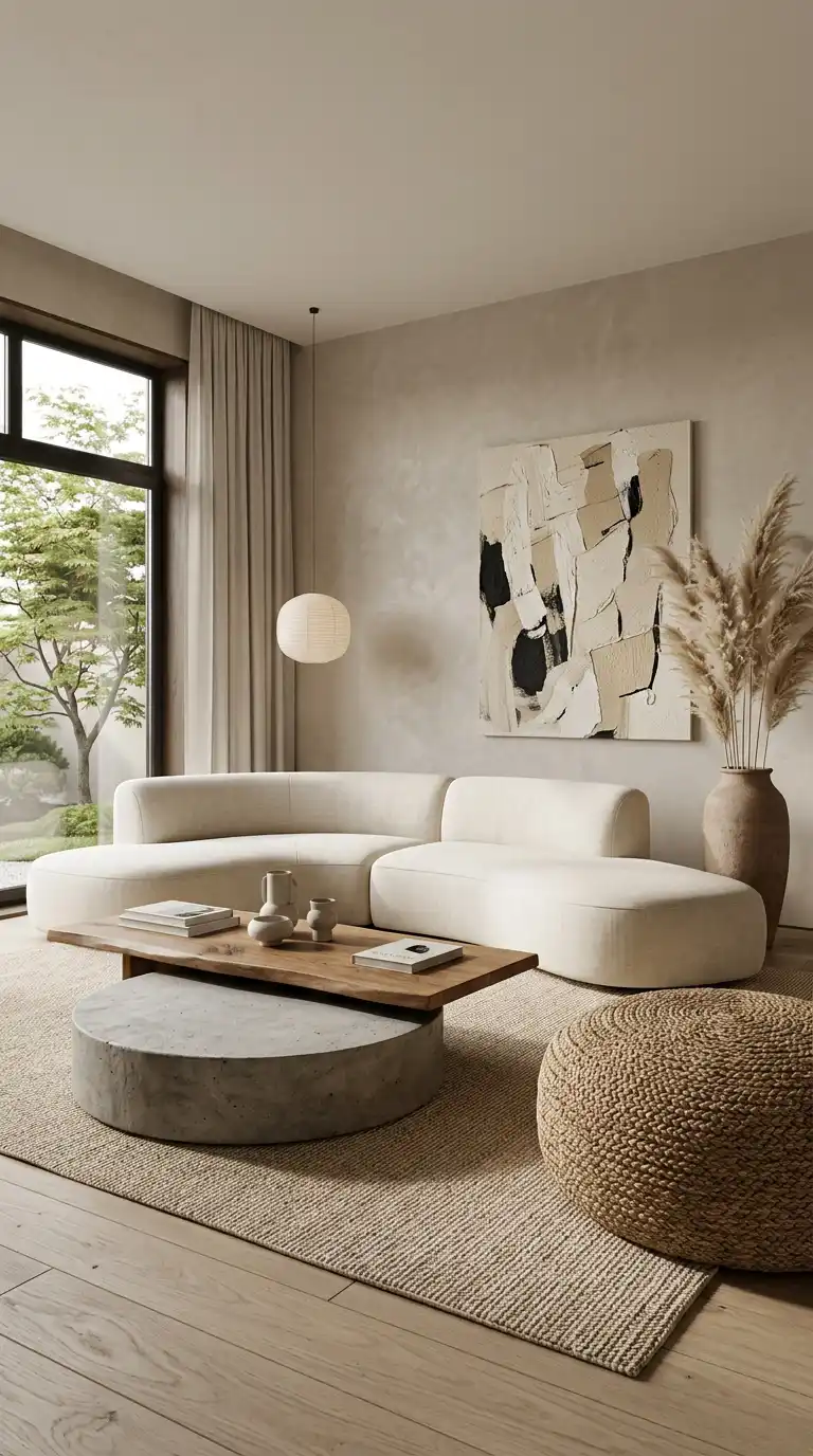 6. The Sculptural Lounge: Japandi Living Room Design