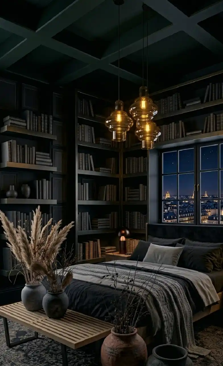 +20 Masterpieces of Shadow: The Ultimate Guide to Dark Moody Bedroom Design - Focusing on the view, this dark moody bedroom idea uses a dark interior to let the urban horizon shine while maintaining an intimate feel