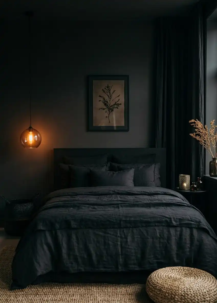 39+ Inspiring Bedroom Ideas: Where Rustic Simplicity Meets Dark Palace Elegance. - An ultra-moody, "Dark Luxe" bedroom interior captured in a vertical cinematic shot. The room is dominated by monochromatic dark tones;