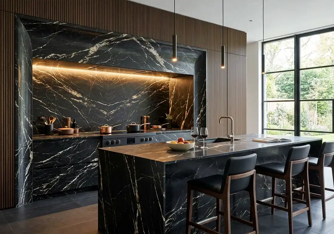 +30 Luxury Modern Kitchen Ideas: Redefining Industrial Noir and Japandi Minimalism - Luxury Modern Kitchen Idea: The Recessed Marble Cooking Alcove