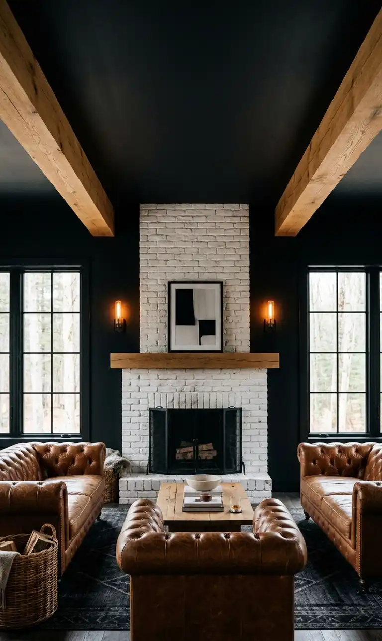 24 Moody Living Room Ideas That Redefine Dark Elegance with Bright Accents - A high-contrast, moody living room featuring a focal white-brick fireplace centered against an expansive matte-black accent wall.