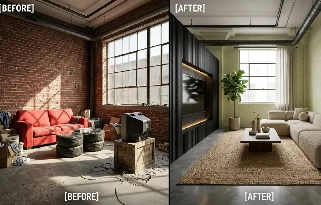 3. Low-Profile Luxury: "Before & After" Spatial Scaling - The Before & After journey of a light-filled living room, featuring organic-edged walnut furniture and Zen vibes.
