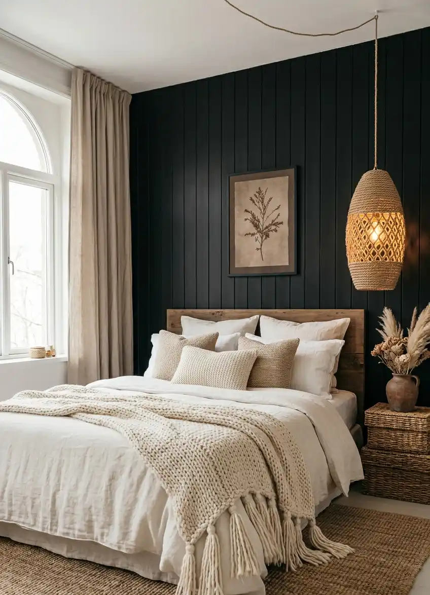 39+ Inspiring Bedroom Ideas: Where Rustic Simplicity Meets Dark Palace Elegance. - A bright and airy take on the "Dark Wall" aesthetic, featuring a bedroom with black vertical wall paneling that adds architectural depth.