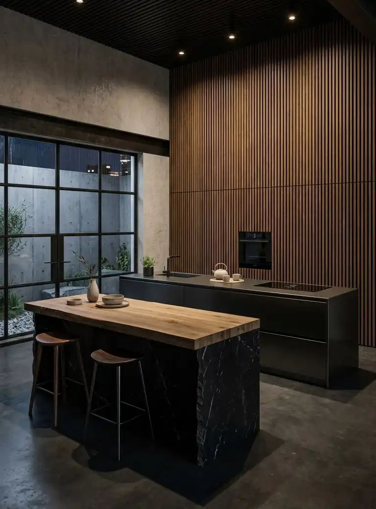 +30 Luxury Modern Kitchen Ideas: Redefining Industrial Noir and Japandi Minimalism -  Luxury Modern Kitchen Idea: Industrial Japandi and Slatted Light
