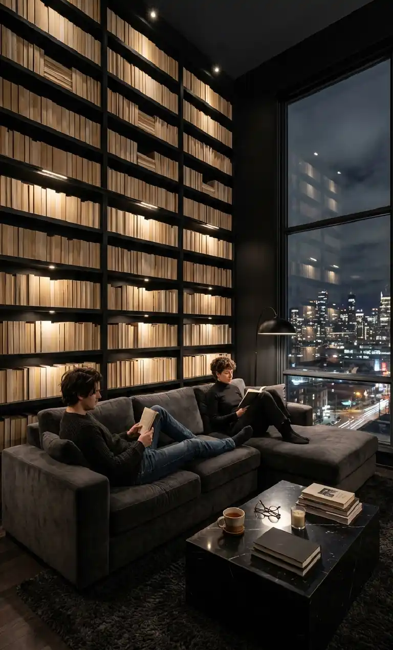 Obsidian Dreams: 22 Black Living Room Ideas to Transform Your Space 2026 - The Midnight Library living roon
