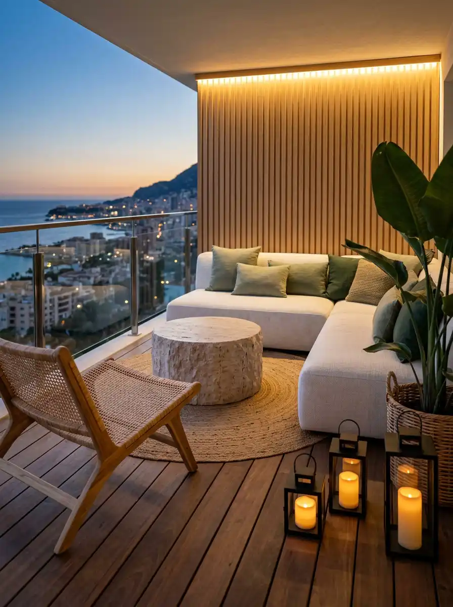 Luxury Modern Balcony Idea: The Monochromatic Wood Sanctuary - Luxury Modern Balcony Idea: The Organic Stone Lounge