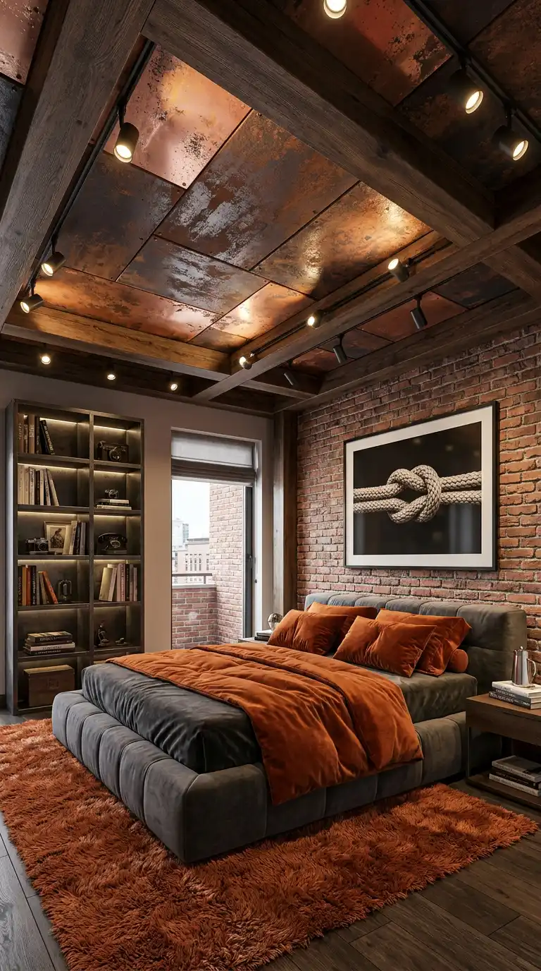 7. Vertical Interest and Raw Conduit: A Balanced Industrial Bedroom Idea