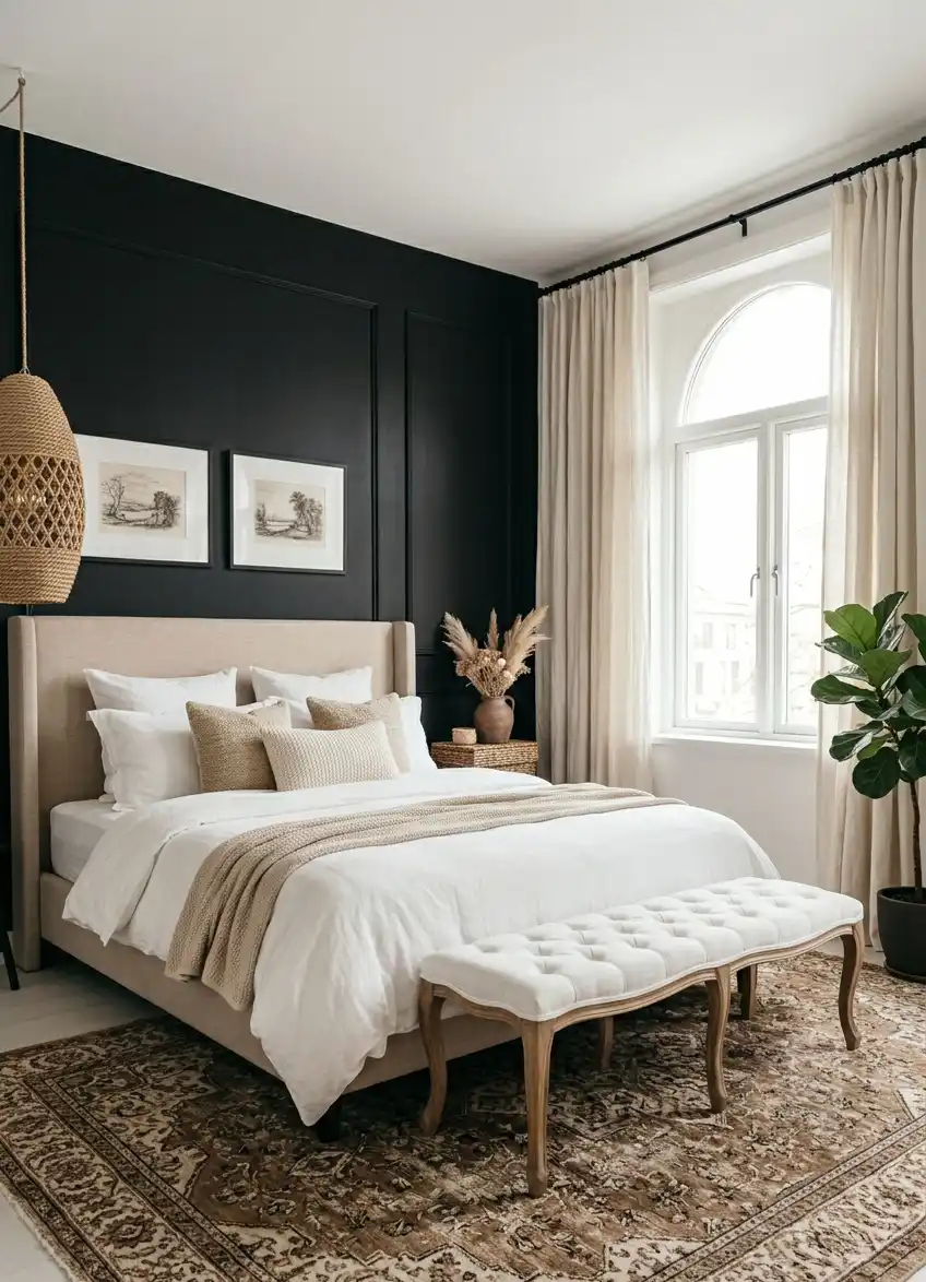 39+ Inspiring Bedroom Ideas: Where Rustic Simplicity Meets Dark Palace Elegance. - A bright, sophisticated master bedroom featuring a matte black feature wall contrasted with traditional architectural elements. 