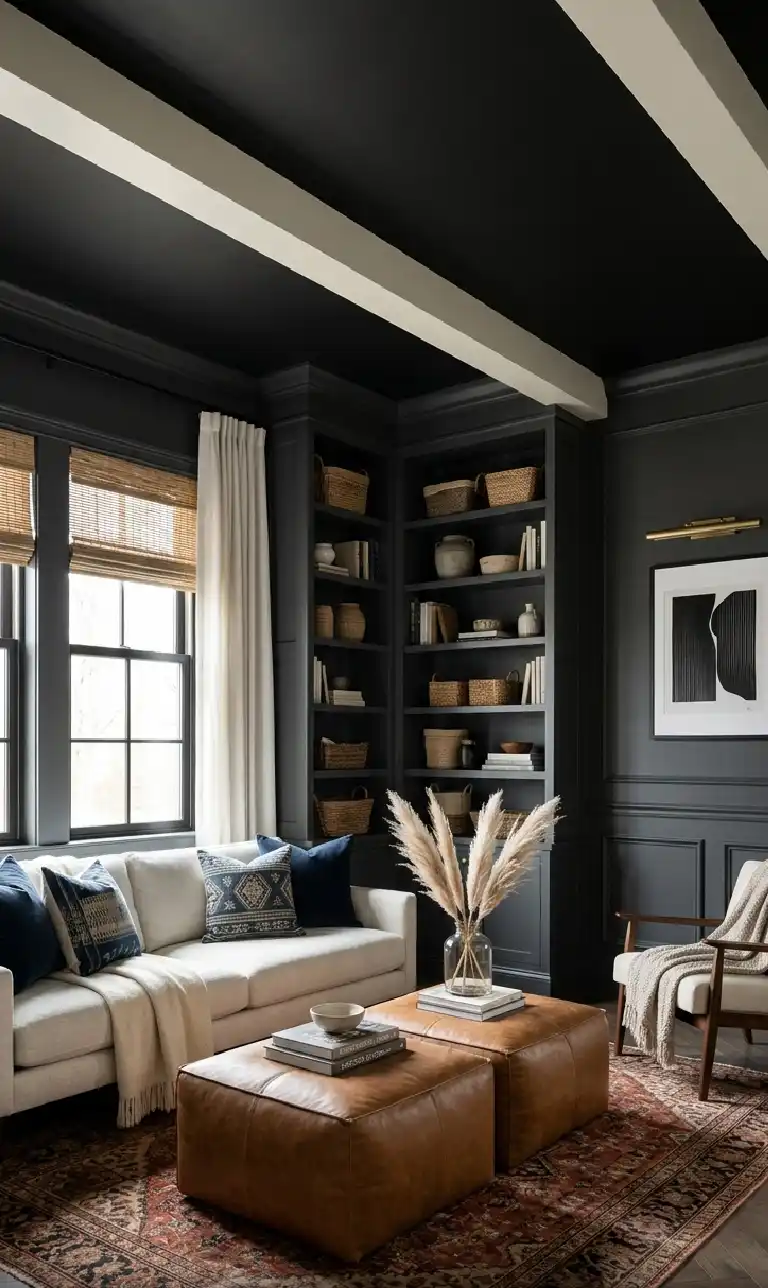 24 Moody Living Room Ideas That Redefine Dark Elegance with Bright Accents - High-resolution architectural interior photography of a vertical, moody transitional living room.