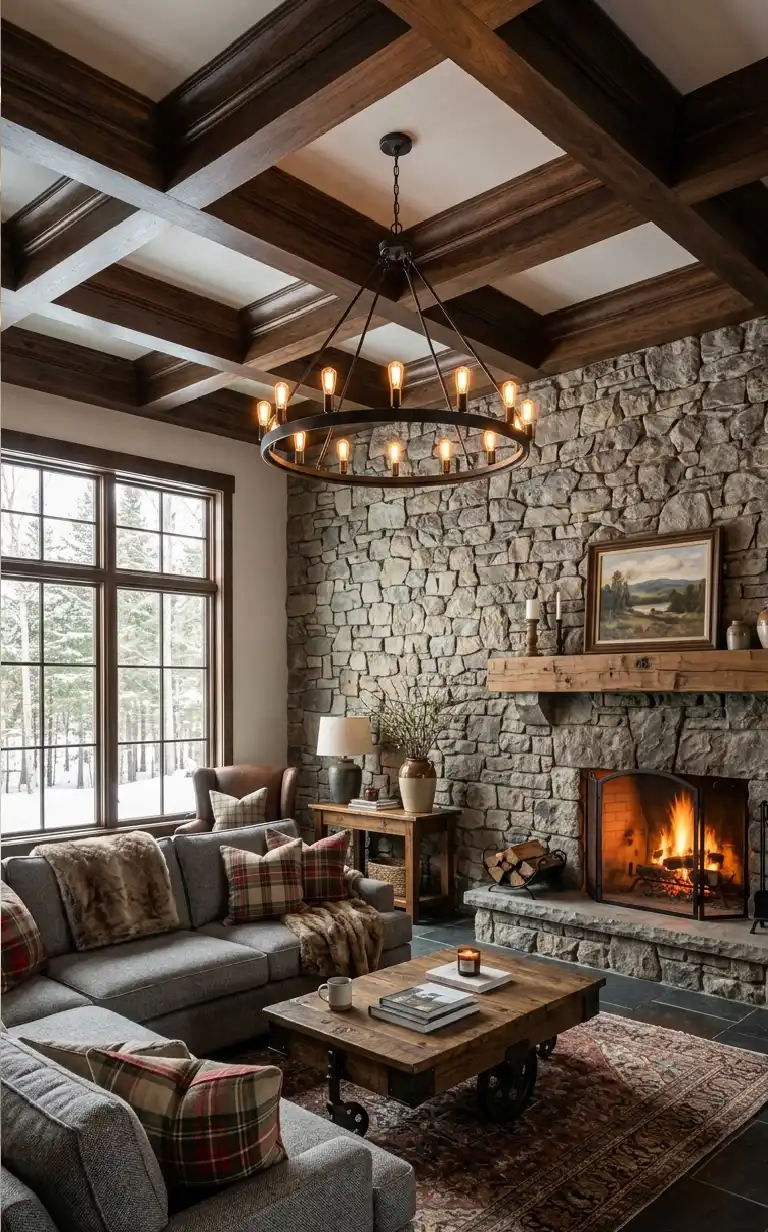 26 Luxury Farmhouse Living Rooms: A Masterclass in Inspiration, Rustic Elegance, and Architectural Grandeur 2026 - The Rustic Stone & Timber Great Room