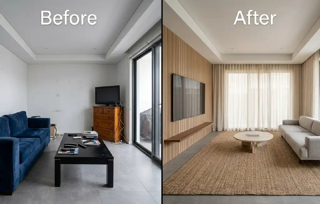 4. The Material Palette: From "Basic" Textures to "Bespoke" Jut - From a cold, uninspired space to a warm, textural masterpiece. Modern living room Before & After inspiration.
