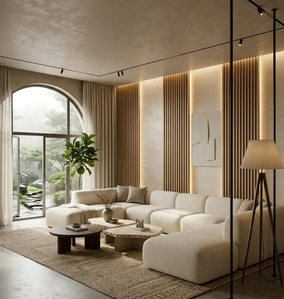 Modern Living Room Idea: The Sculptural Organic Sanctuary - Modern Living Room Idea: The Monochromatic Zen Retreat