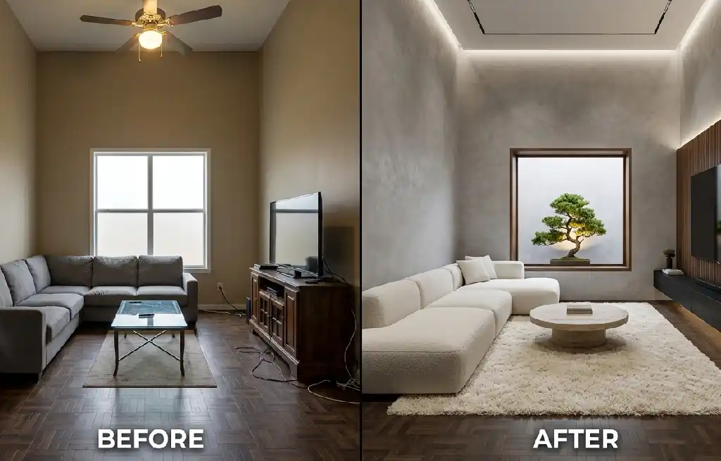 4. The Material Palette: From "Basic" Textures to "Bespoke" Jut - 21 Days of Design: Elevating a standard living room into a high-end Japandi retreat. Bespoke craftsmanship at its best.