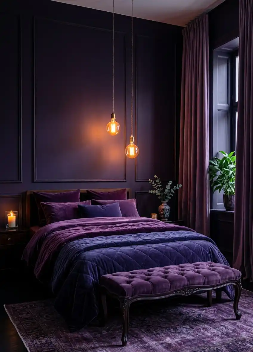 39+ Inspiring Bedroom Ideas: Where Rustic Simplicity Meets Dark Palace Elegance. - A luxurious and dramatic bedroom interior with a "Dark Jewel Tone" theme. The back wall features exquisite vertical boiserie paneling painted in a deep