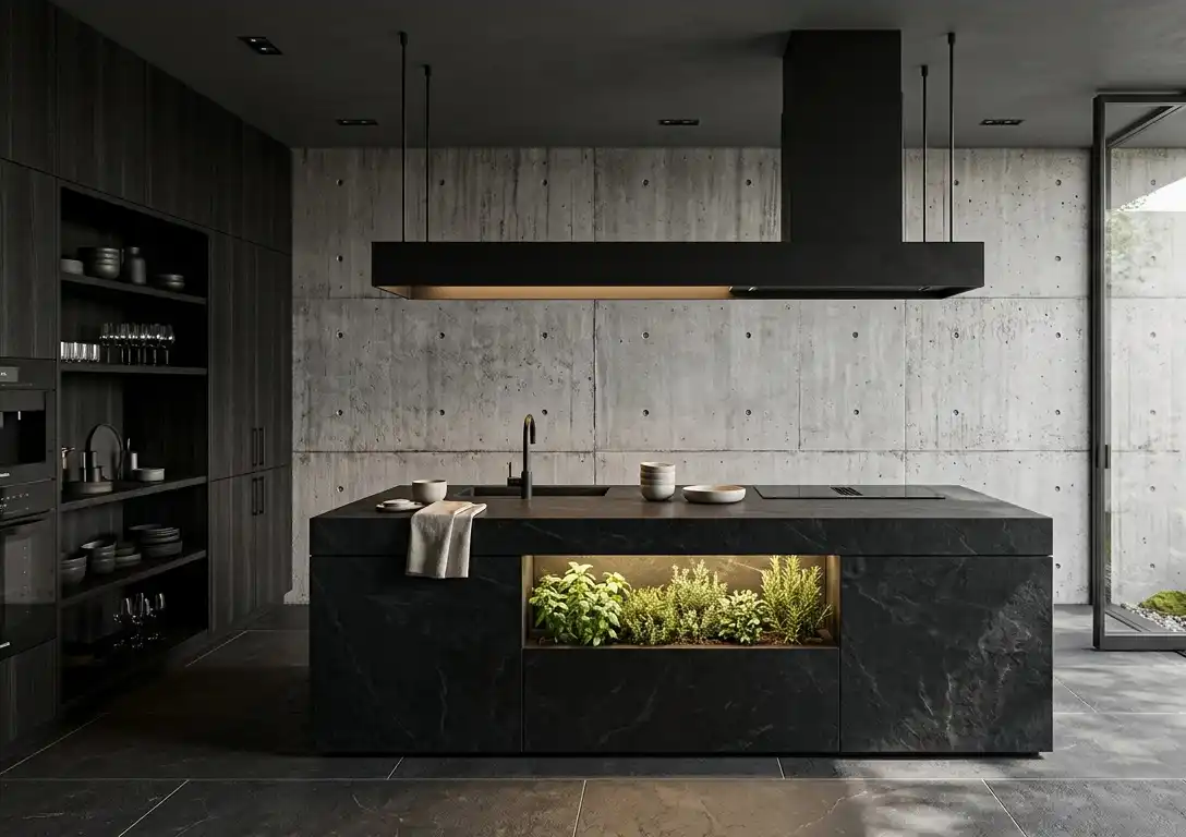+30 Luxury Modern Kitchen Ideas: Redefining Industrial Noir and Japandi Minimalism - ury Modern Kitchen Idea: Brutalist Concrete and Smoked Oak