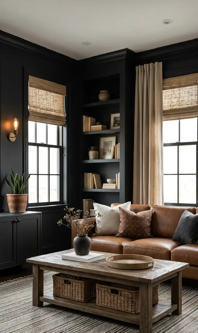 24 Moody Living Room Ideas That Redefine Dark Elegance with Bright Accents - Architectural interior photography of a vertical, moody living room combining dark matte walls with warm organic textures.