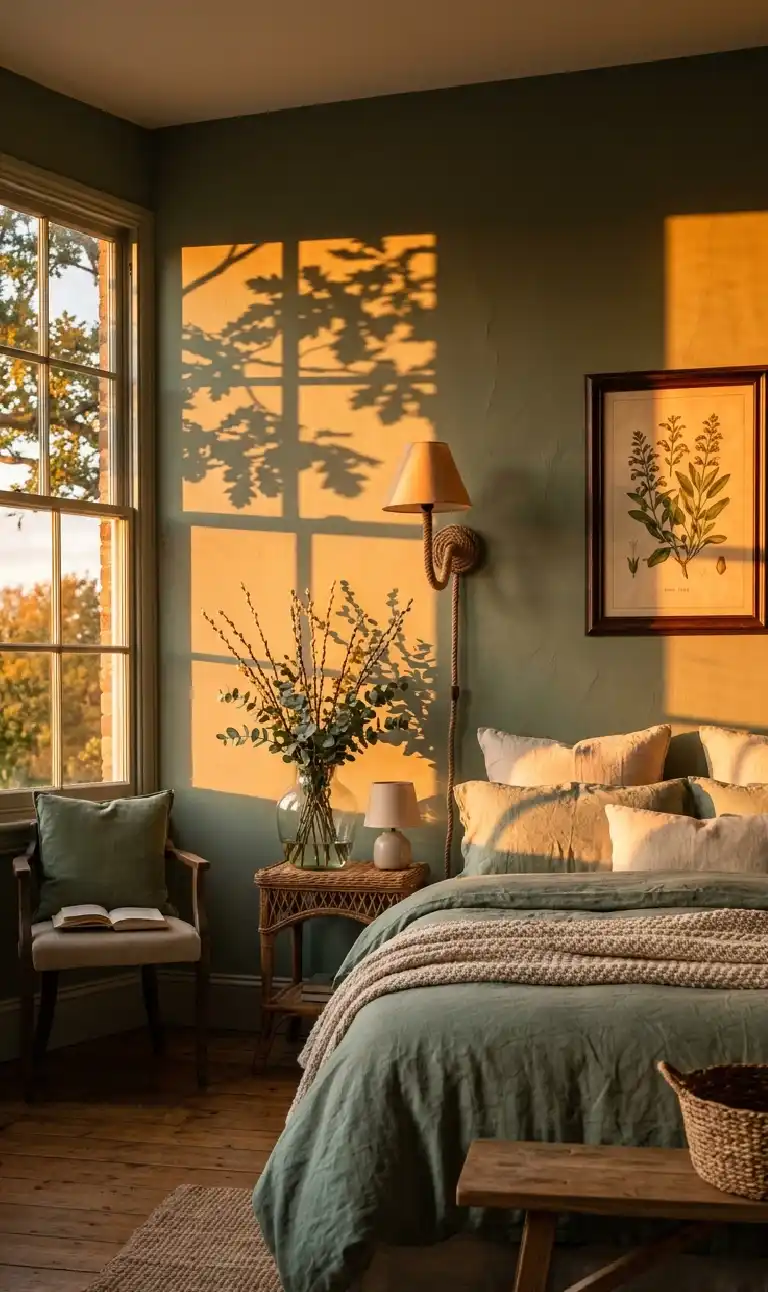 The Rustic Walnut Retreat bedroom - Golden Hour Sage  bedroom