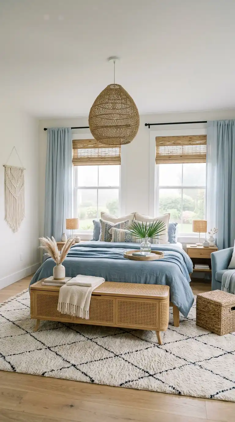 Elegant BOHO Bedroom Idea: The Terra Cotta Sunset Retreat - Elegant BOHO Bedroom Idea: The Serene Azure & Rattan Sanctuary