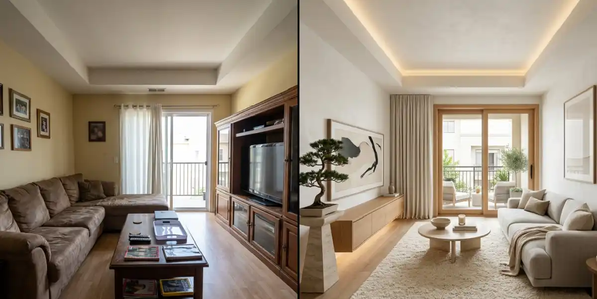 21 Radical "Before & After" Living Room Metamorphoses from Basic to Bespoke Japandi Luxury - Watch this living room evolve from basic modern to a bespoke Japandi sanctuary. The power of architectural lighting!