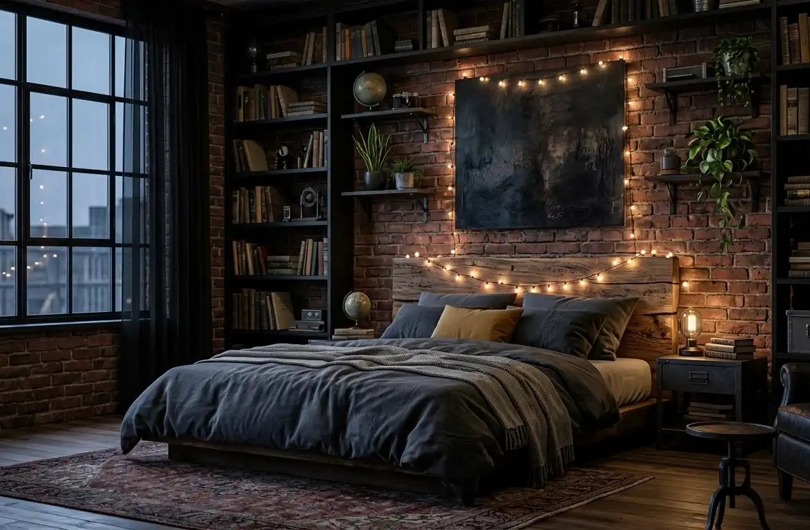+20 Masterpieces of Shadow: The Ultimate Guide to Dark Moody Bedroom Design - Combining raw materials with soft lighting, this dark moody bedroom idea is perfect for those who love an urban, lived-in aesthetic