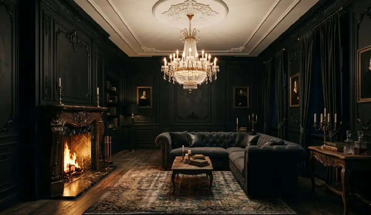 +20 Breathtaking Ideas to Master the Dark Living Room Style: A Definitive Guide to Moody Elegance, Cinematic Textures, and High-End Noir Interior Design for the Modern Home - 2. The Neo-Classical Gothic Lounge