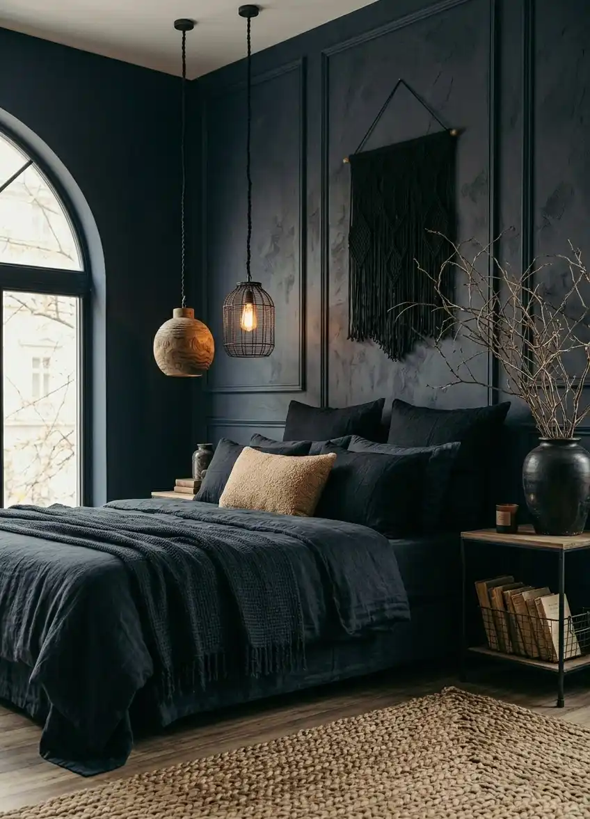 39+ Inspiring Bedroom Ideas: Where Rustic Simplicity Meets Dark Palace Elegance. -  richly textured, close-up photograph of a moody and organic bedroom with tactile elements. 