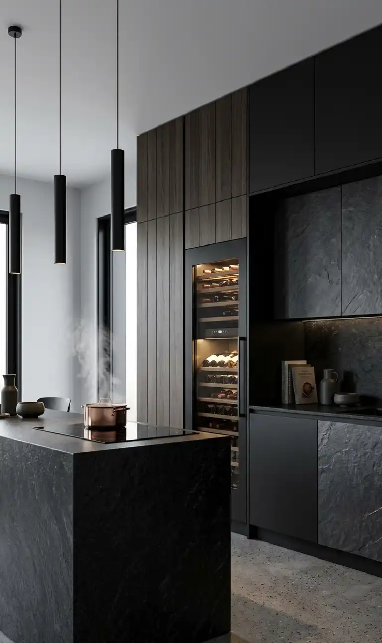 +30 Luxury Modern Kitchen Ideas: Redefining Industrial Noir and Japandi Minimalism -  Luxury Modern Kitchen Idea: Textured Slate and Integrated Wine Storage