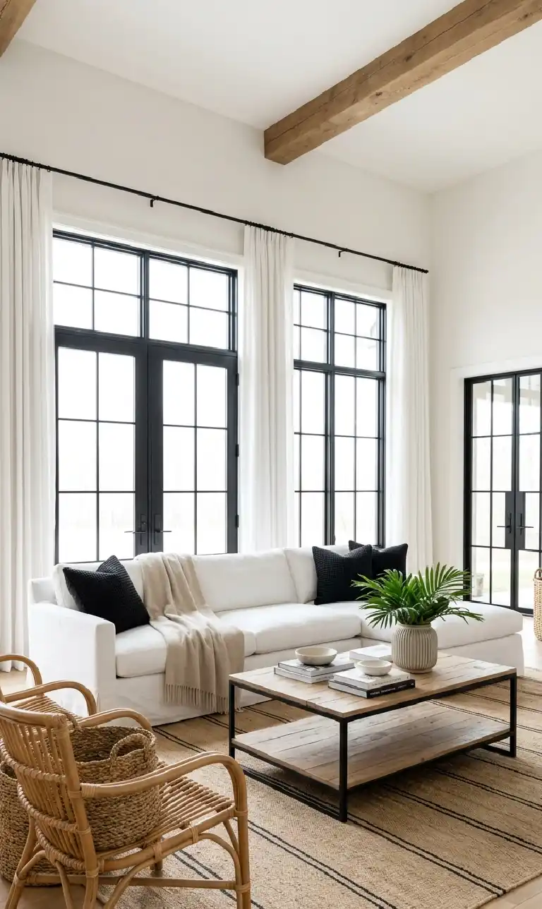 24 Moody Living Room Ideas That Redefine Dark Elegance with Bright Accents - High-resolution architectural interior photography of a bright, airy, modern farmhouse living room.