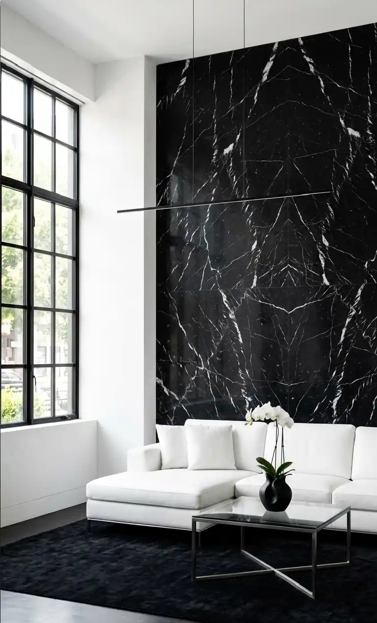 Obsidian Dreams: 22 Black Living Room Ideas to Transform Your Space 2026 - The Monochromatic Marble Marvel living roon
