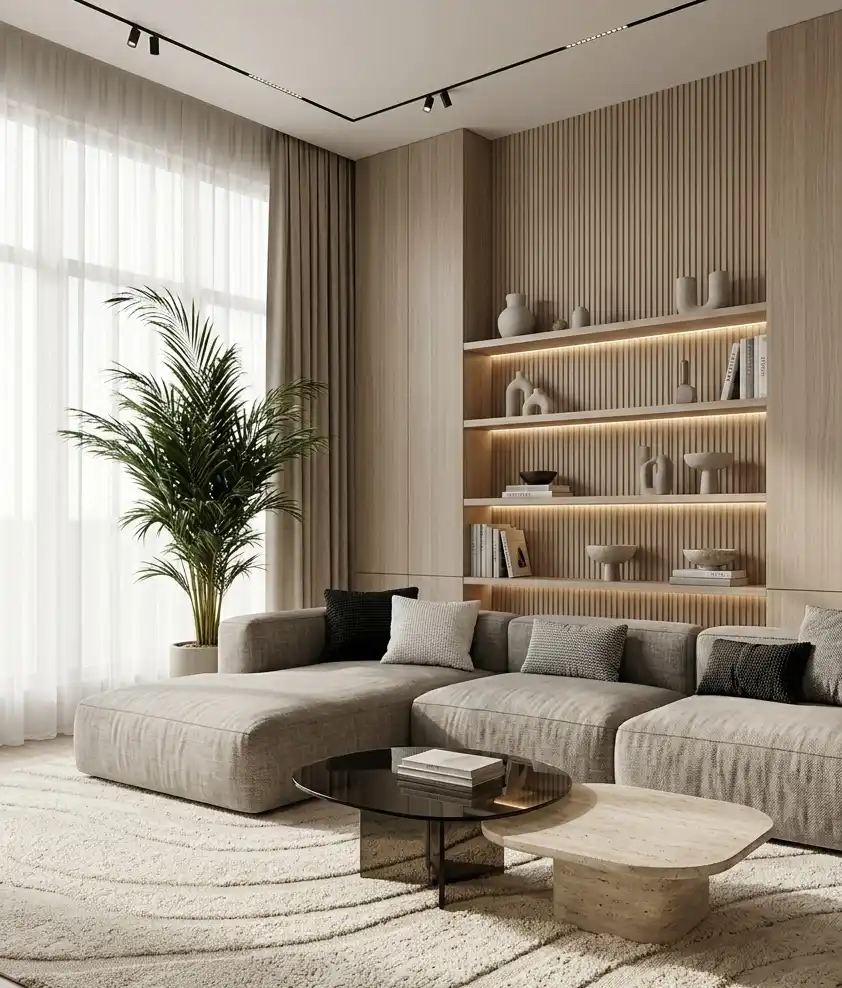 Modern Living Room Idea: The Monochromatic Zen Retreat - Modern Living Room Idea: The Japandi Sanctuary