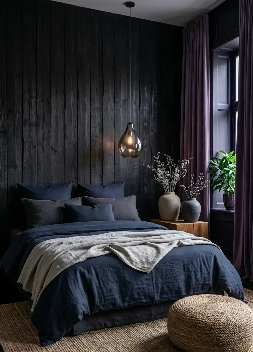 39+ Inspiring Bedroom Ideas: Where Rustic Simplicity Meets Dark Palace Elegance. - A rustic-modern bedroom featuring a wall clad in vertical black stained wood planks, providing a textured, cabin-like feel.