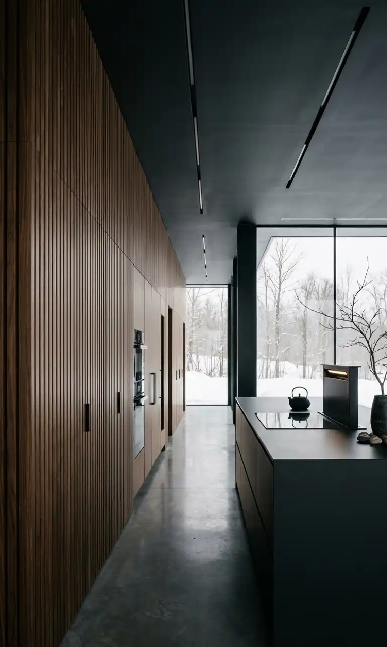 +30 Luxury Modern Kitchen Ideas: Redefining Industrial Noir and Japandi Minimalism -  Luxury Modern Kitchen Idea: The Hidden Slat-Wall Corridor