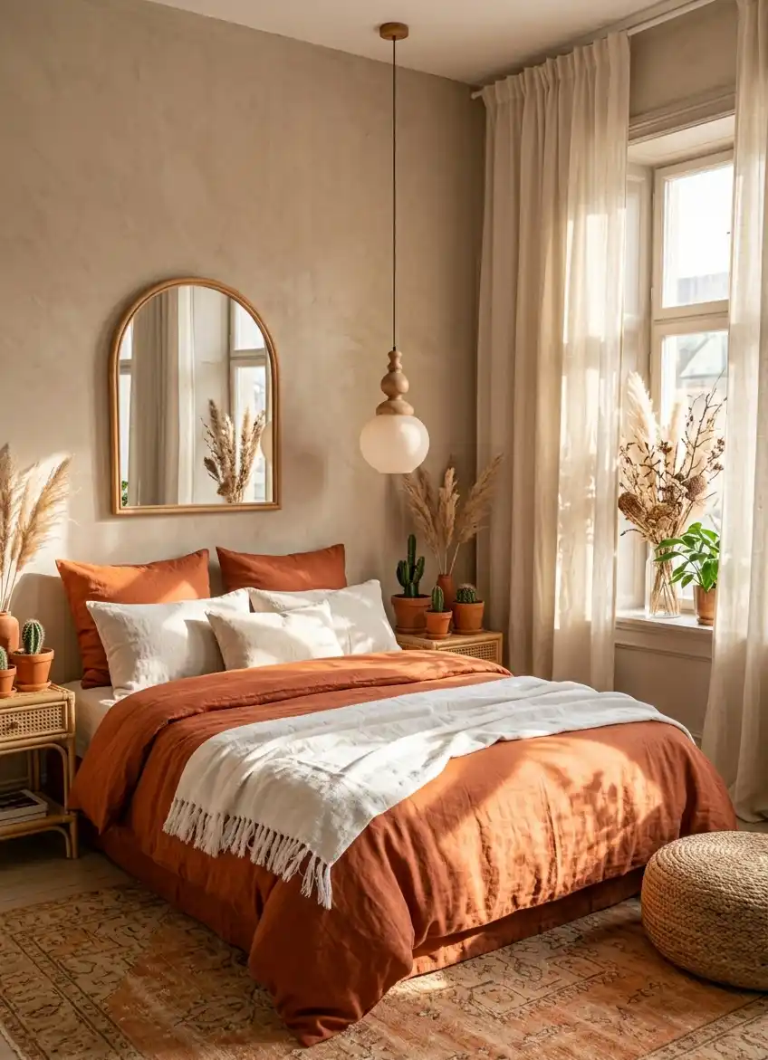 39+ Inspiring Bedroom Ideas: Where Rustic Simplicity Meets Dark Palace Elegance. - A warm, bohemian-style bedroom bathed in soft, golden hour sunlight. The walls are a warm, textured beige or "greige" plaster.